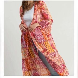 NWT Umgee Vibrant Patchwork Sheer Kimono/Coverup in Pink and Orange